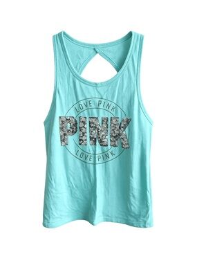 Victoria's Secret PINK Turquoise Sequin Logo Tank Top Size XS y2k